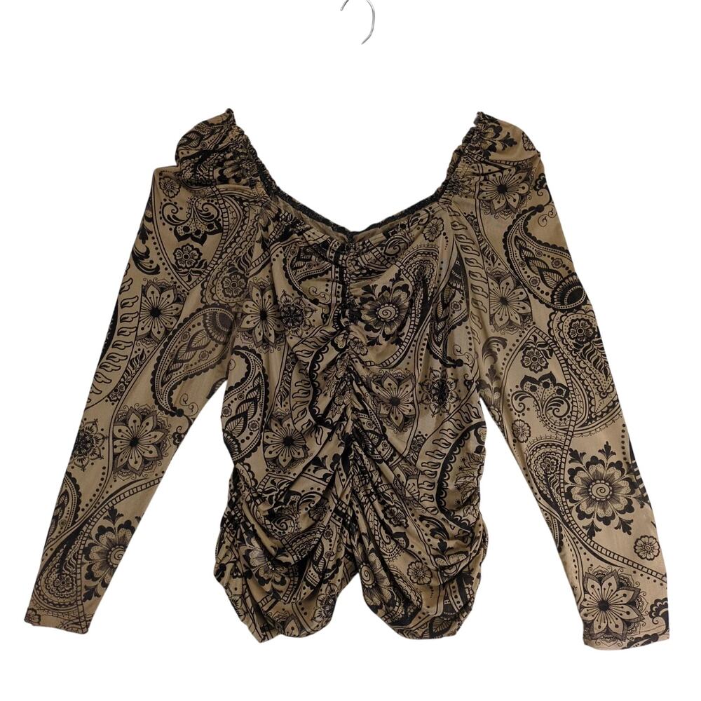 Shein Curve Brown Sheer Black Velour Ruched Top Women's Plus Size‎ 4XL Paisley